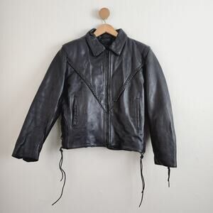 Vintage Hot Leathers Braided Leather Moto Biker Jacket Side Lace-Up Fringe M